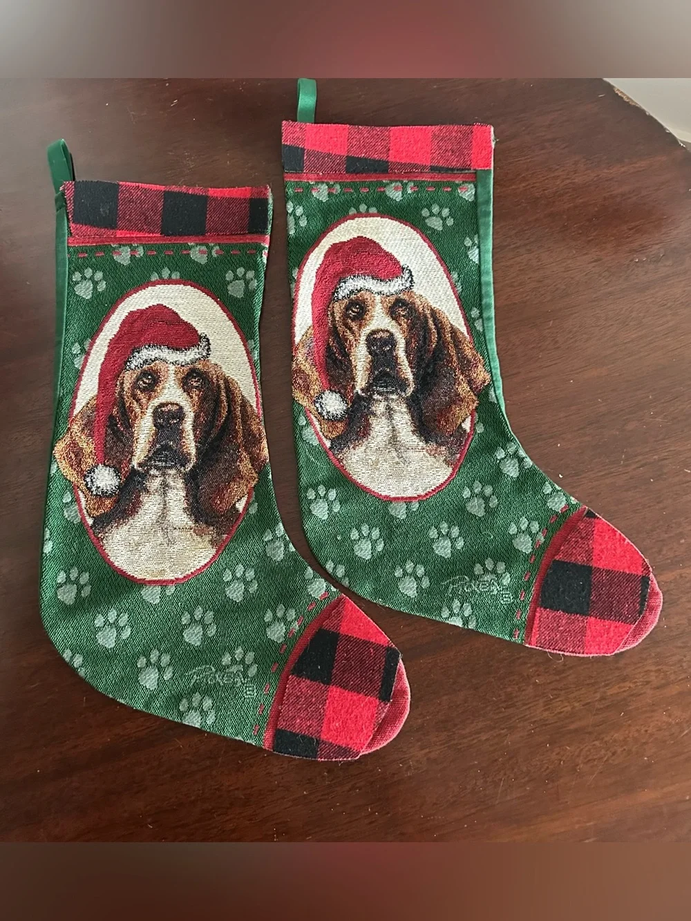 Pair Of Linda Picken Christmas Stocking Basset Hound Dog 18